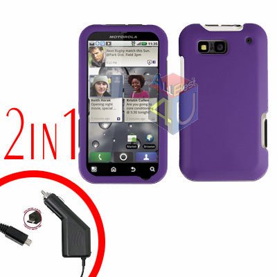 For Motorola Defy MB525 Car Charger + Cover Hard Case Rubberized Purple 2-in-1