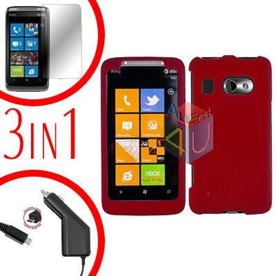 For HTC Surround T8788 Screen +Car Charger +Cover Hard Case Rubberized Red 3-in-1