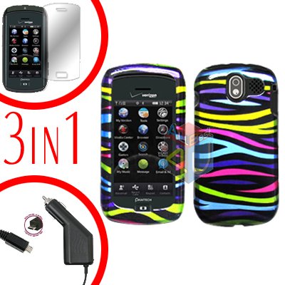 For Pantech Crux / CDM8999 Screen +Car Charger +Hard Case Rainbow 3-in-1