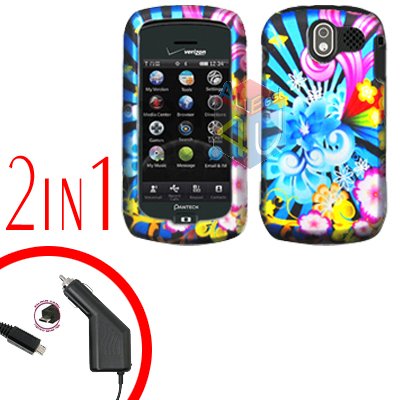 For Pantech Crux / CDM8999 Car Charger +Hard Case A-Flower 2-in-1