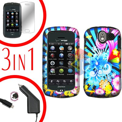 For Pantech Crux / CDM8999 Screen +Car Charger +Hard Case A-Flower 3-in-1
