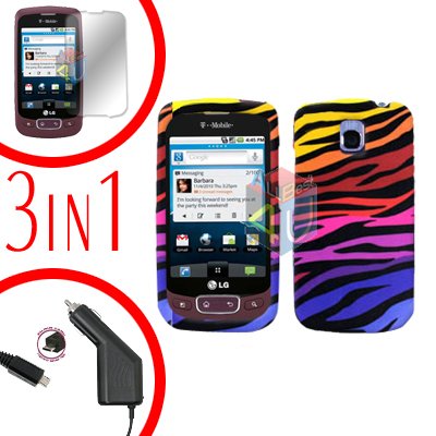 For LG Optimus-T / P509 Screen +Car Charger +Hard Case C-Zebra 3-in-1