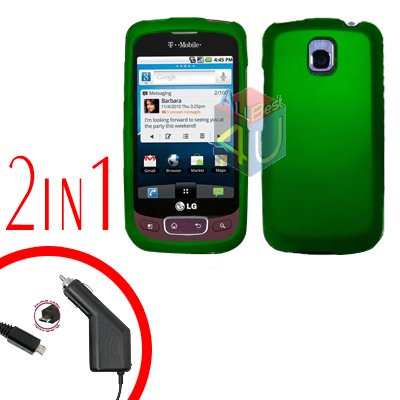 For LG Optimus-T / P509 Car Charger +Cover Hard Case Rubberized Green 2-in-1