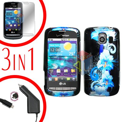 For LG Vortex VS660 Screen +Car Charger +Hard Case Flower 3-in-1