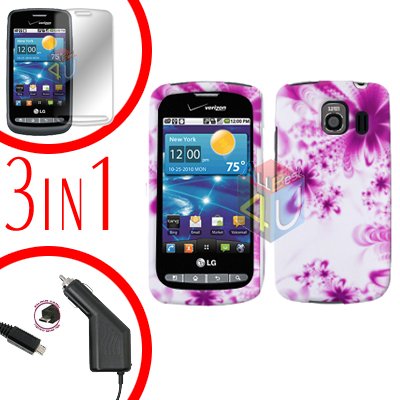 For LG Vortex VS660 Screen +Car Charger +Hard Case H-Flower 3-in-1