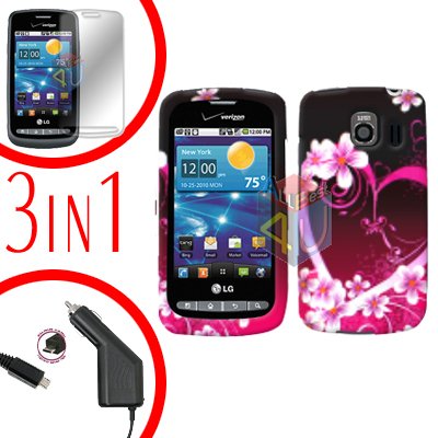 For LG Vortex VS660 Screen +Car Charger +Hard Case Love 3-in-1