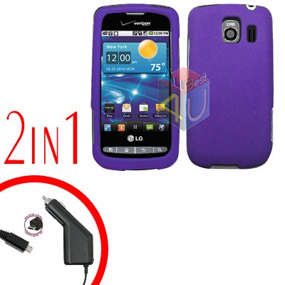 For LG Vortex VS660 Car Charger +Cover Hard Case Rubberized Purple 2-in-1