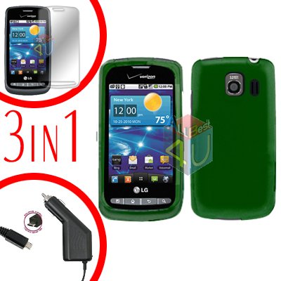 For LG Vortex VS660 Screen +Car Charger +Hard Case Green 3-in-1