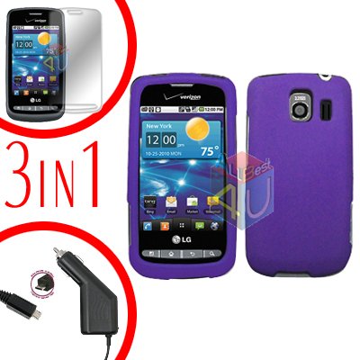 For LG Vortex VS660 Screen +Car Charger +Hard Case Purple 3-in-1