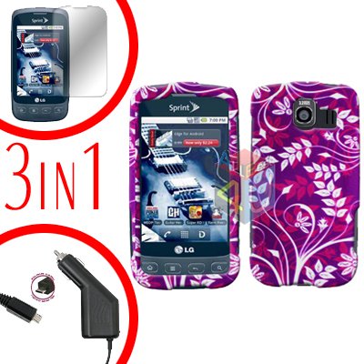 For LG Optimus-S / LS670 Screen +Car Charger +Hard Case P-Flower 3-in-1