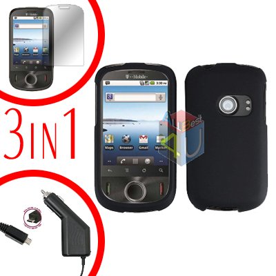 For Huawei Comet U8150 Screen +Car Charger +Hard Case Rubberized Black 3-in-1