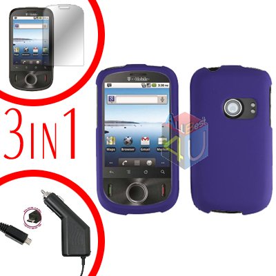 For Huawei Comet U8150 Screen +Car Charger +Hard Case Rubberized Purple 3-in-1