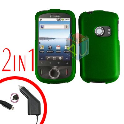 For Huawei Comet U8150 Car Charger + Cover Hard Case Rubberized Green 2-in-1