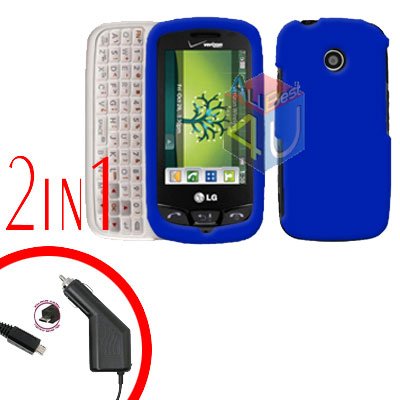 For LG Cosmos Touch VN270 Car Charger +Cover Hard Case Rubberized Blue 2-in-1