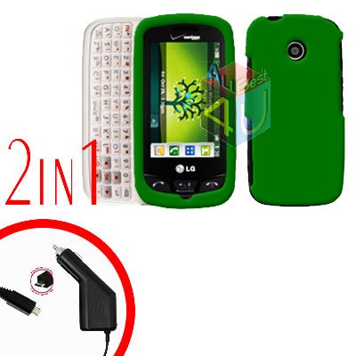 For LG Cosmos Touch VN270 Car Charger +Cover Hard Case Rubberized Green 2-in-1