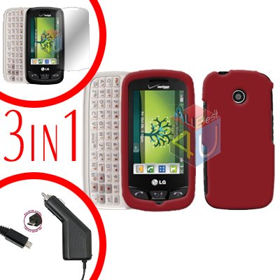 For LG Cosmos Touch VN270 Screen +Car Charger +Hard Case Rubberized Red 3-in-1