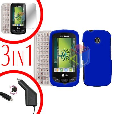For LG Cosmos Touch VN270 Screen +Car Charger +Hard Case Rubberized Blue 3-in-1