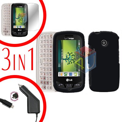 For LG Cosmos Touch VN270 Screen +Car Charger +Hard Case Rubberized Black 3-in-1