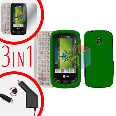 For LG Cosmos Touch VN270 Screen +Car Charger +Hard Case Rubberized Green 3-in-1