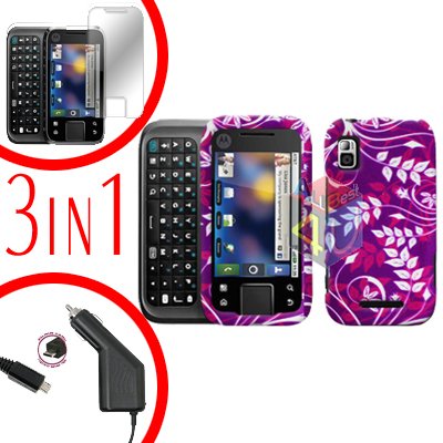 For Motorola Flipside MB508 Screen +Car Charger +Cover Hard Case P-Flower 3-in-1
