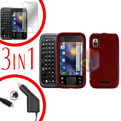 For Motorola Flipside MB508 Screen +Car Charger +Hard Case Red 3-in-1