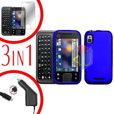 For Motorola Flipside MB508 Screen +Car Charger +Hard Case Blue 3-in-1