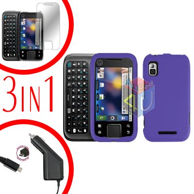 For Motorola Flipside MB508 Screen +Car Charger +Hard Case Purple 3-in-1