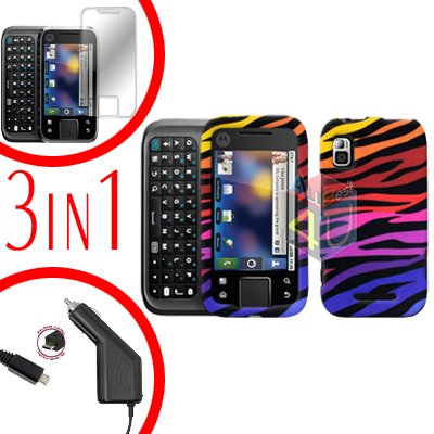 For Motorola Flipside MB508 Screen +Car Charger +Cover Hard Case C-Zebra 3-in-1