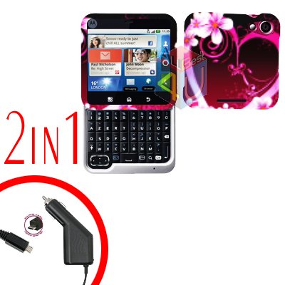 For Motorola Flipout MB511 Car Charger + Cover Hard Case Love 2-in-1