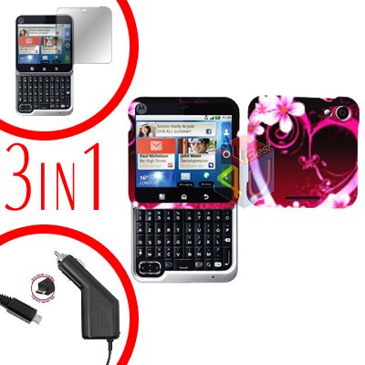 For Motorola Flipout MB511 Screen +Car Charger + Cover Hard Case Love 3-in-1