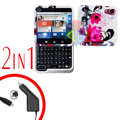 For Motorola Flipout MB511 Car Charger + Cover Hard Case W-Flower 2-in-1