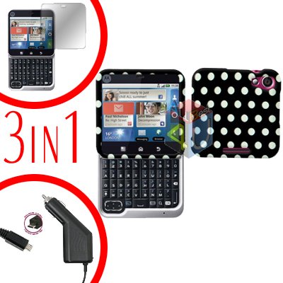 For Motorola Flipout MB511 Screen +Car Charger + Cover Hard Case Polka Dot 3-in-1