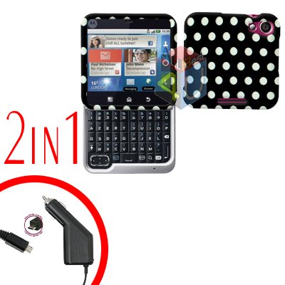 For Motorola Flipout MB511 Car Charger + Cover Hard Case Polka Dot 2-in-1
