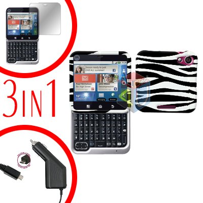 For Motorola Flipout MB511 Screen +Car Charger + Cover Hard Case Zebra 3-in-1