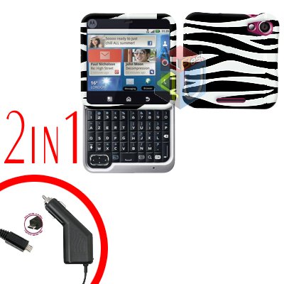 For Motorola Flipout MB511 Car Charger + Cover Hard Case Zebra 2-in-1