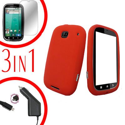 For Motorola Bravo MB520 Screen +Car Charger + Cover Silicon Case Red 3-in-1