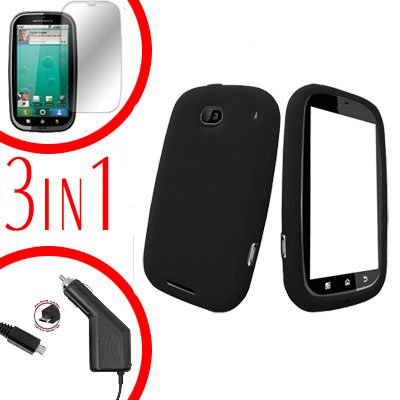 For Motorola Bravo MB520 Screen +Car Charger + Cover Silicon Case Black 3-in-1