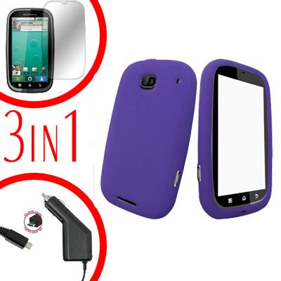 For Motorola Bravo MB520 Screen +Car Charger + Cover Silicon Case Purple 3-in-1