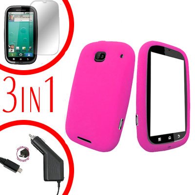 For Motorola Bravo MB520 Screen +Car Charger + Cover Silicon Case Hot Pink 3-in-1