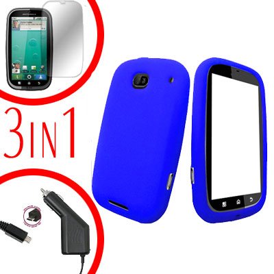 For Motorola Bravo MB520 Screen +Car Charger + Cover Silicon Case Blue 3-in-1