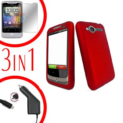 For HTC Wildfire 6225 Screen +Car Charger +Cover Hard Case Rubberized Red 3-in-1