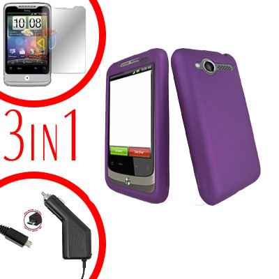 For HTC Wildfire 6225 Screen +Car Charger +Cover Hard Case Rubberized Purple 3-in-1