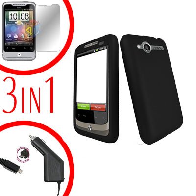For HTC Wildfire 6225 Screen +Car Charger +Cover Hard Case Rubberized Black 3-in-1