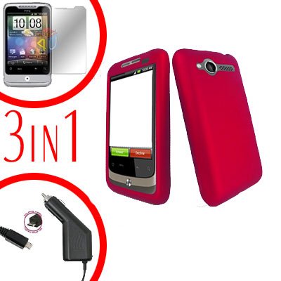 For HTC Wildfire 6225 Screen +Car Charger +Cover Hard Case Rubberized Rose Pink 3-in-1