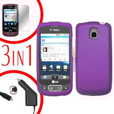 For LG Optimus One P500 Screen +Car Charger +Cover Hard Case Purple 3-in-1