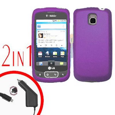 For LG Optimus One P500 Car Charger +Cover Hard Case Rubberized Purple 2-in-1