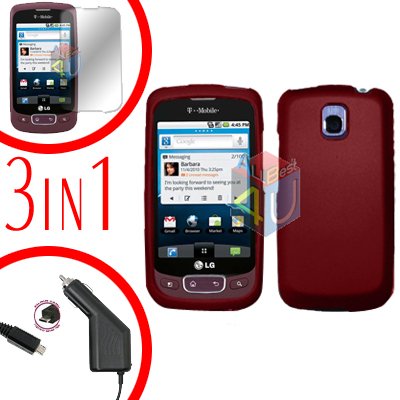 For LG Optimus One P500 Screen +Car Charger +Cover Hard Case Red 3-in-1