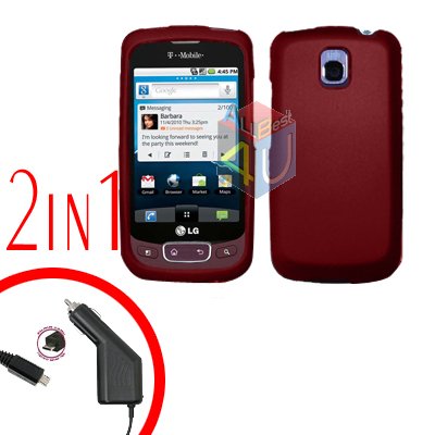 For LG Optimus One P500 Car Charger +Cover Hard Case Rubberized Red 2-in-1