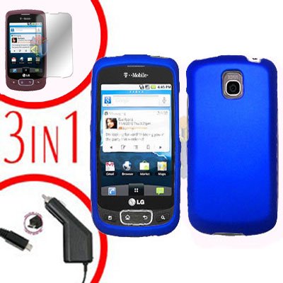 For LG Optimus One P500 Screen +Car Charger +Cover Hard Case Blue 3-in-1