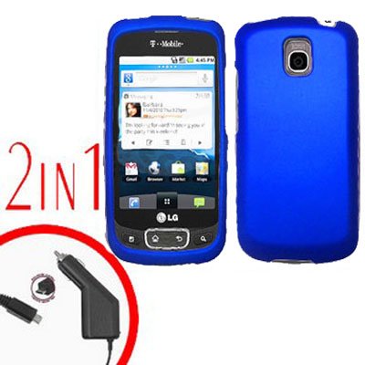 For LG Optimus One P500 Car Charger +Cover Hard Case Rubberized Blue 2-in-1